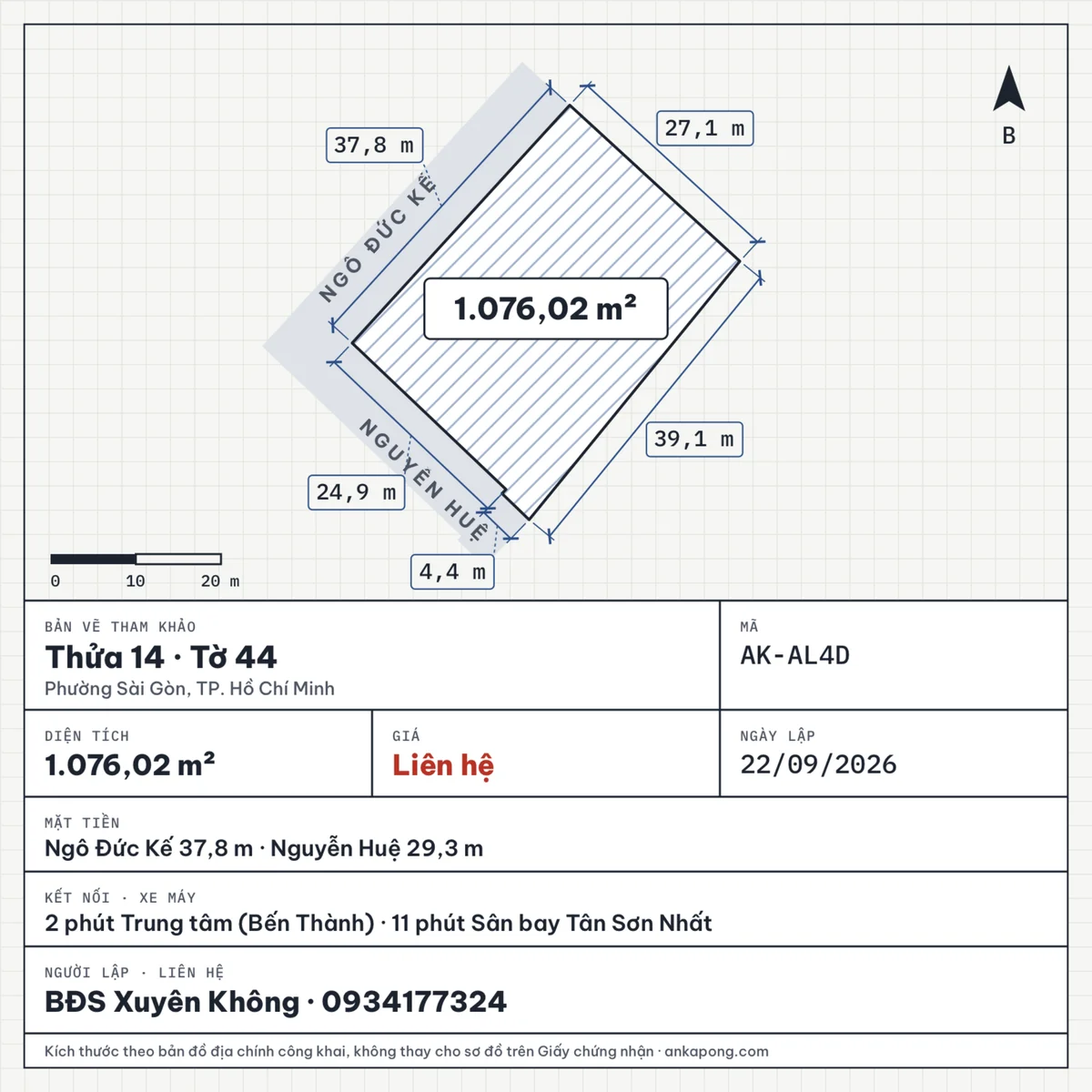 Ảnh rao bán mẫu Bản vẽ xuất từ Ankapong: thửa 14 tờ 44 Phường Sài Gòn, số đo từng cạnh, dải tên đường Ngô Đức Kế và Nguyễn Huệ, mặt tiền 37,8 m và 29,3 m, diện tích 1.076,02 m², mã AK-AL4D, tên và số điện thoại môi giới