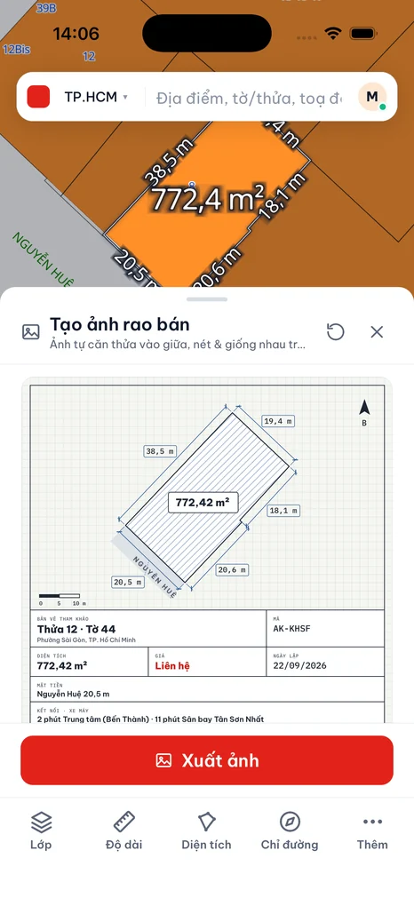 Bảng tạo ảnh rao bán trong app Ankapong: thửa 12 tờ 44 trên bản đồ và bản vẽ xem trước có dải tên đường Nguyễn Huệ, dòng mặt tiền 20,5 m