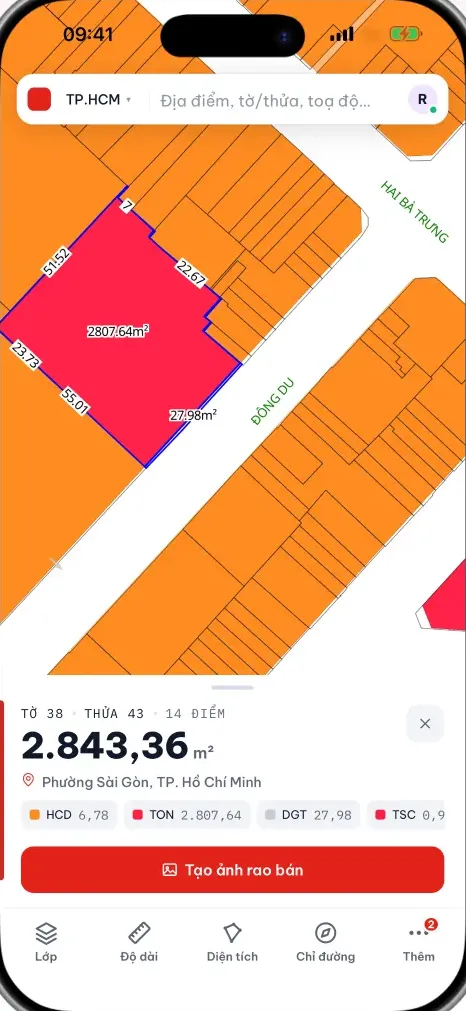 Phiếu thửa trong app Ankapong: tờ 38 thửa 43, diện tích 2.843,36 m², Phường Sài Gòn